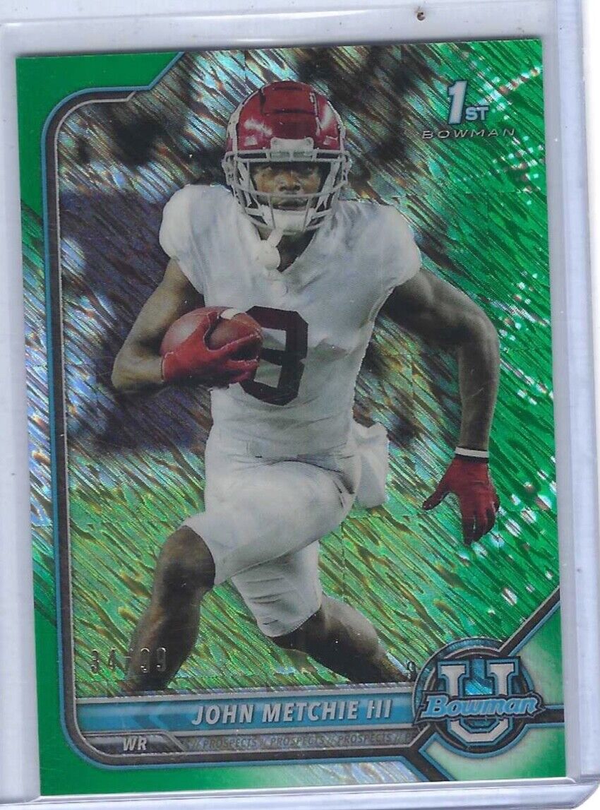 JOHN METCHIE III 2022 BOWMAN UNIVERSITY GREEN SHIMMER REFRACTOR 1ST RC #D 34/99