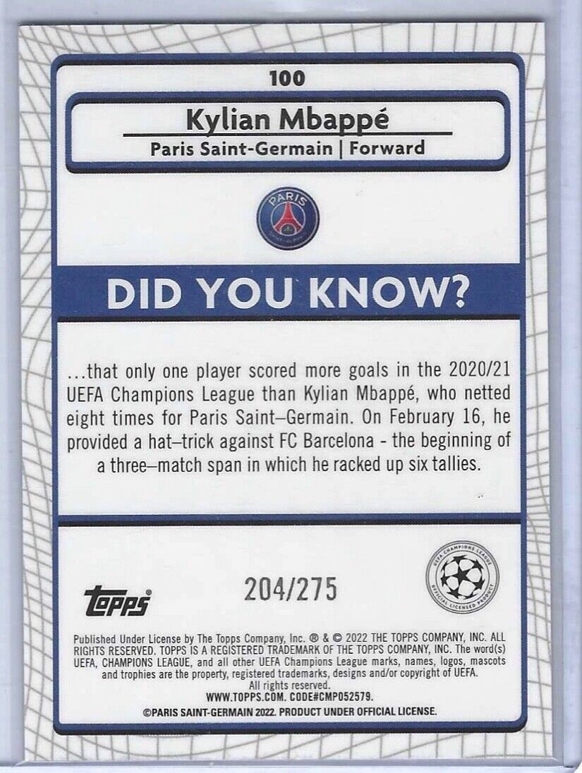 KYLIAN MBAPPE 2021-22 TOPPS MERLIN PINK MOJO REFRACTOR  #D 204/275