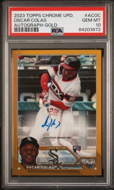 OSCAR COLAS 2023 TOPPS CHROME UPDATE GOLD REFRACTOR AUTO RC #D /50 PSA 10 POP 2