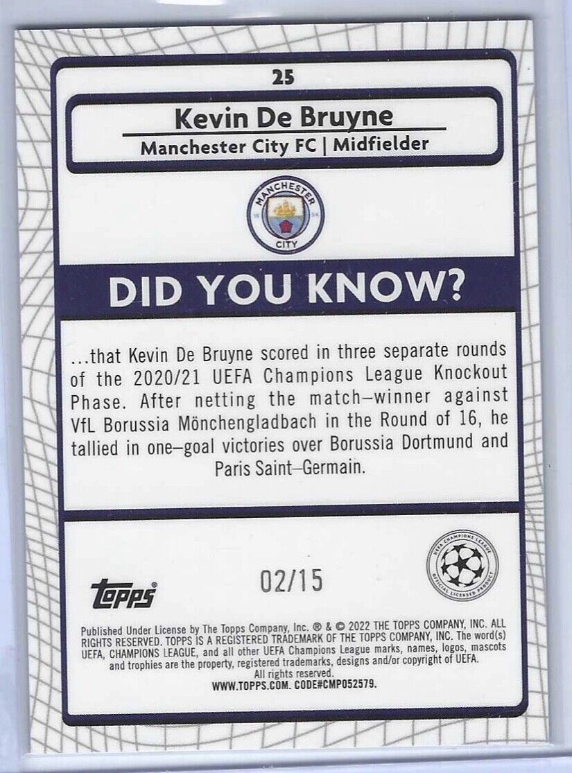 KEVIN DE BRUYNE 2021-22 TOPPS MERLIN PURPLE WAVE REFRACTOR #D 02/15