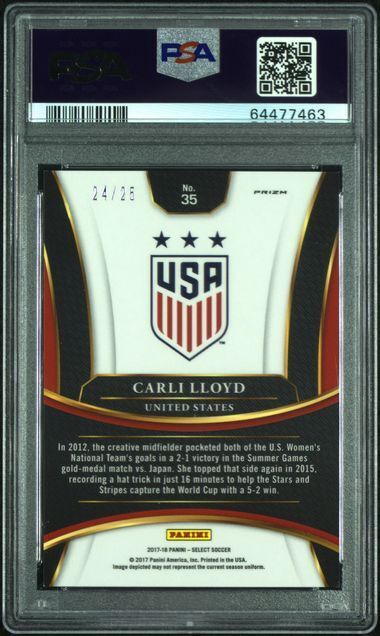 CARLI LLOYD 2017-18 PANINI SELECT ZEBRA PRIZM #D 24/25 PSA 9 MINT POP 3
