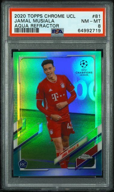 JAMAL MUSIALA 2020-21 TOPPS CHROME UCL AQUA ROOKIE REFRACTOR RC #D 63/199 PSA 8