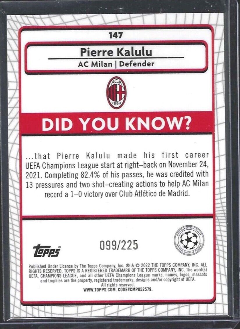 PIERRE KALULU 2021-22 TOPPS MERLIN YELLOW WAVE REFRACTOR RC #D 099/225