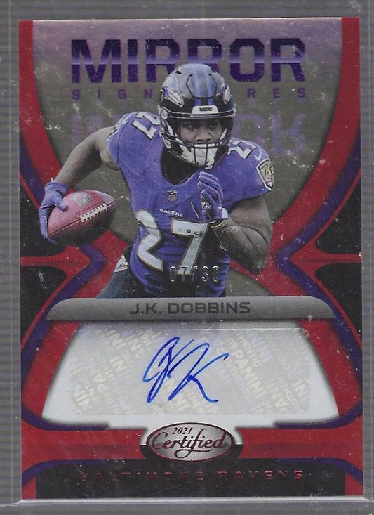 JK DOBBINS 2021 PANINI CERTIFIED MIRROR RED FOIL AUTO #D 07/30