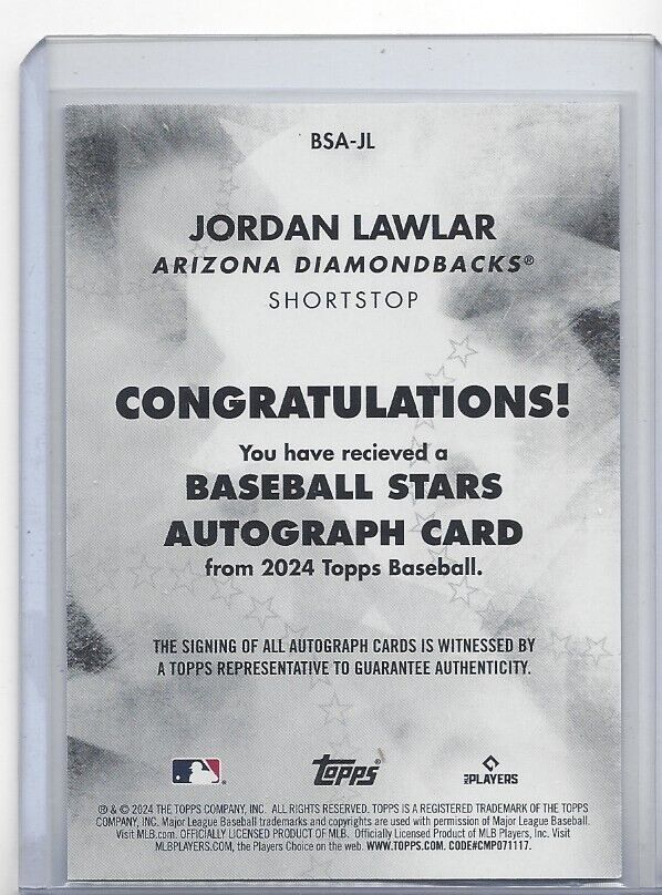 JORDAN LAWLAR 2024 TOPPS BASEBALL STARS ROOKIE AUTO RC