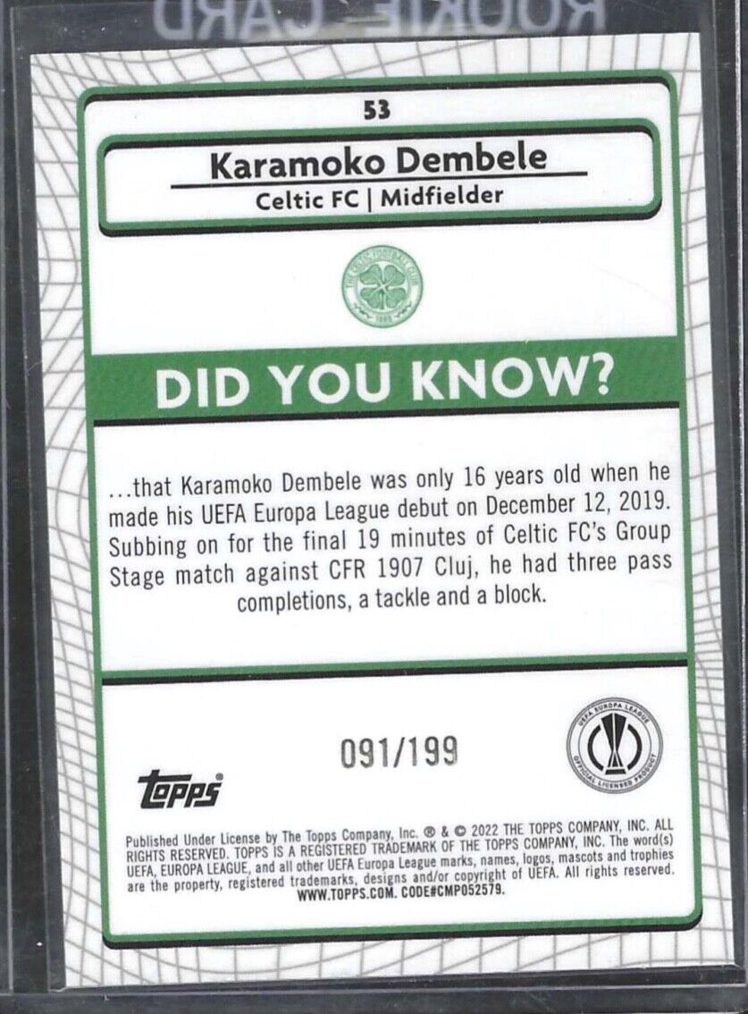 KARAMOKO DEMBELE 2021-22 TOPPS MERLIN AQUA REFRACTOR ROOKIE RC #D 091/199
