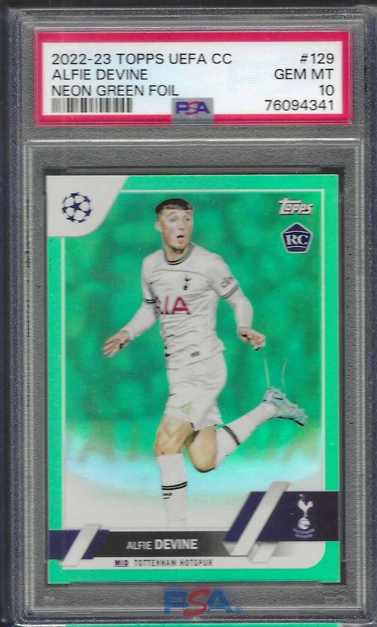 ALFIE DEVINE 2022-23 TOPPS UEFA CC NEON GREEN FOIL RC #/199 PSA 10 GEM MINT