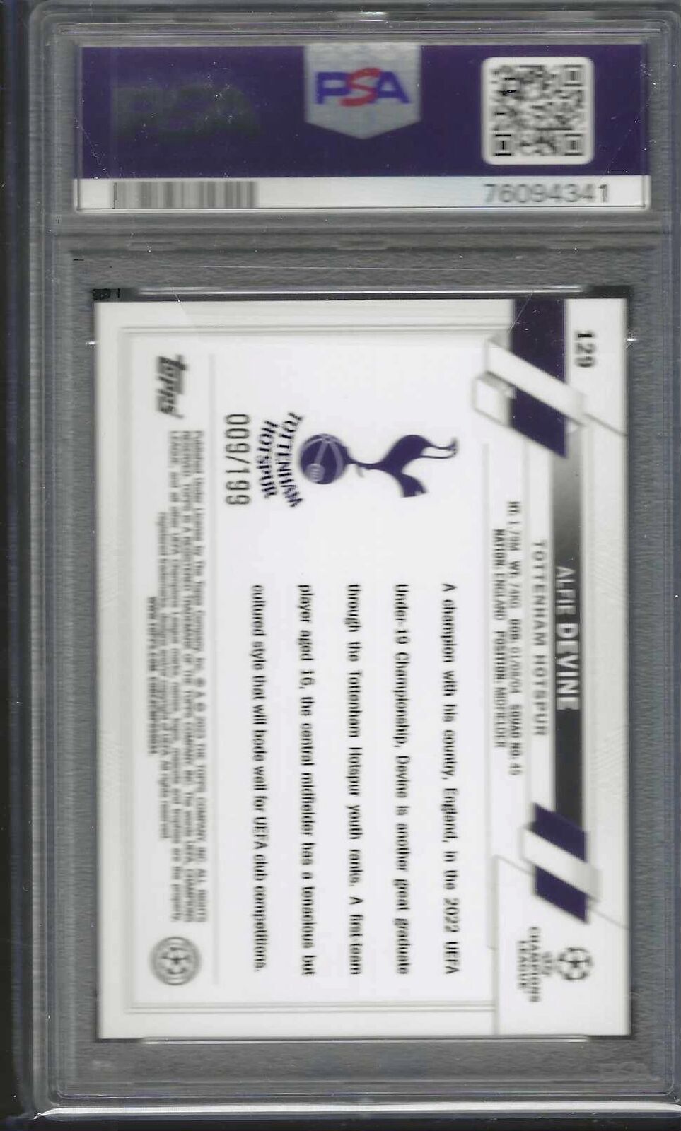 ALFIE DEVINE 2022-23 TOPPS UEFA CC NEON GREEN FOIL RC #/199 PSA 10 GEM MINT