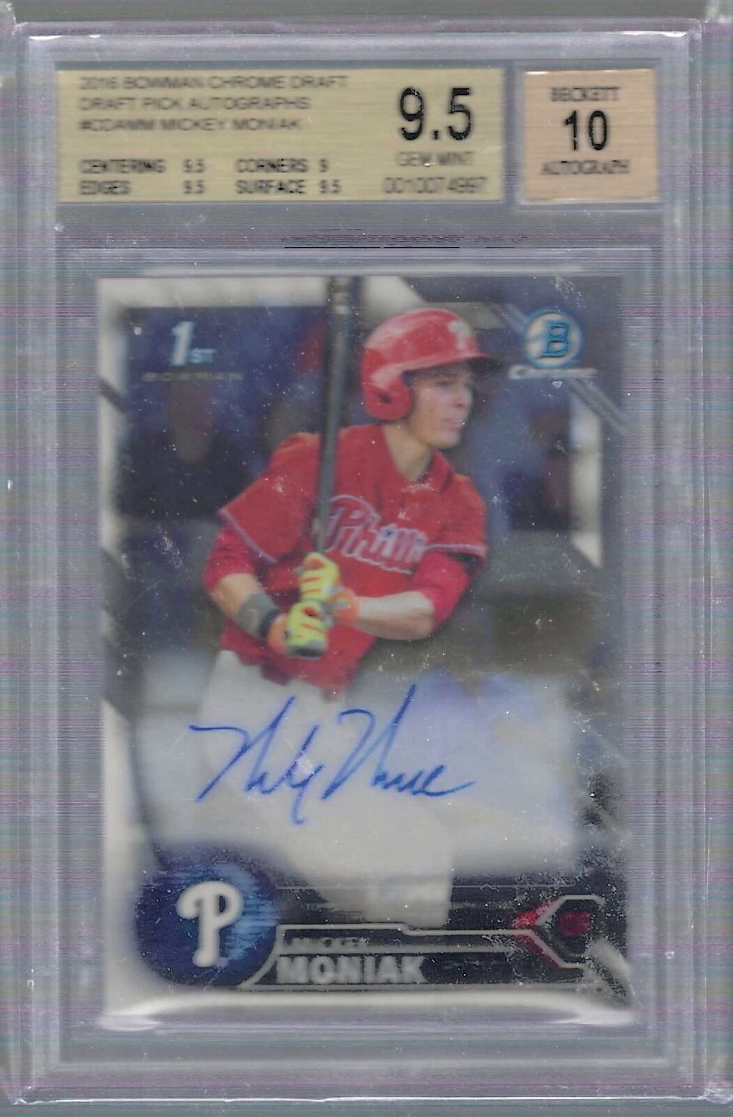 MICKEY MONIAK 2016 BOWMAN CHROME 1ST BOWMAN PROSPECT AUTO BGS 9.5 GEM MINT 10 AU