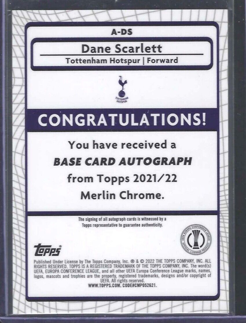 DANE SCARLETT 2021-22 TOPPS MERLIN UEFA SILVER REFRACTOR ROOKIE AUTO RC #A-DS