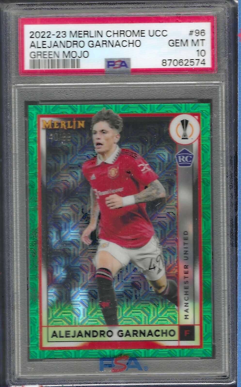 ALEJANDRO GARNACHO 2022-23 MERLIN CHROME GREEN MOJO REFRACTOR RC /99 PSA 10 GEM