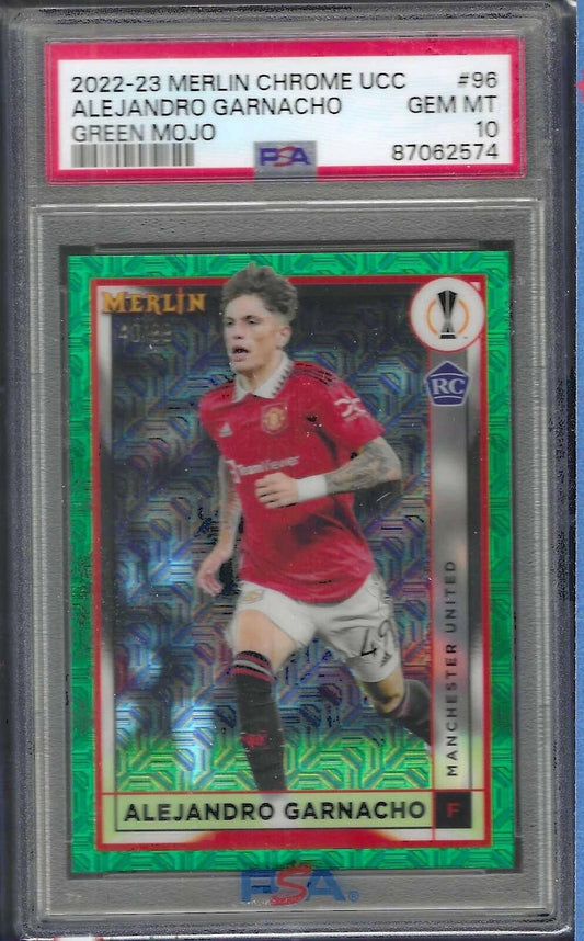 ALEJANDRO GARNACHO 2022-23 MERLIN CHROME GREEN MOJO REFRACTOR RC /99 PSA 10 GEM