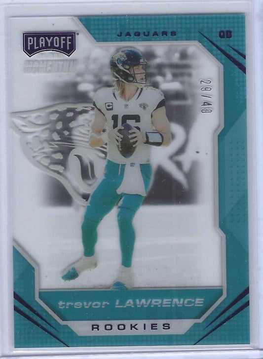 TREVOR LAWRENCE 2021 PANINI CHRONICLES PLAYOFF MOMENTUM PURPLE ROOKIE RC #D /49