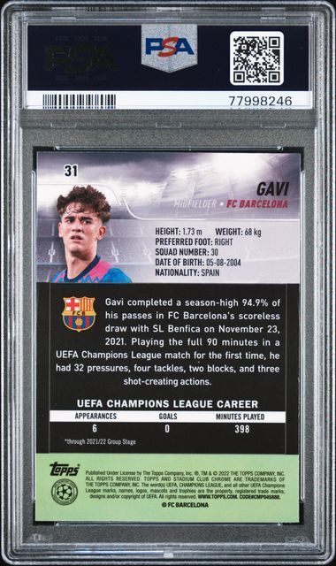 GAVI 2021-22 TOPPS STADIUM CLUB CHROME UCL VARIATION REFRACTOR SSP RC #31 PSA 10