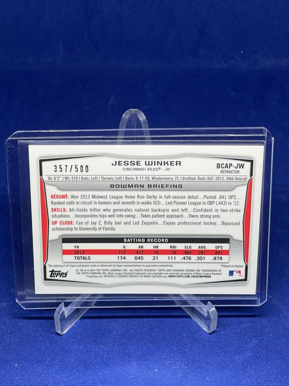 JESSE WINKER 2014 BOWMAN CHROME REFRACTOR ON CARD AUTO PROSPECT #D 357/500