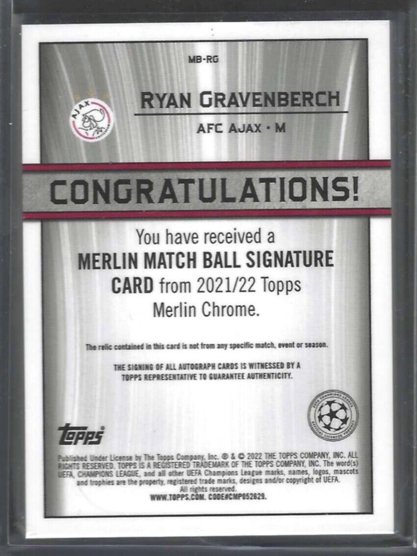 RYAN GRAVENBERCH 2021-22 TOPPS MERLIN REFRACTOR MATCH BALL PATCH AUTO #MB-RG