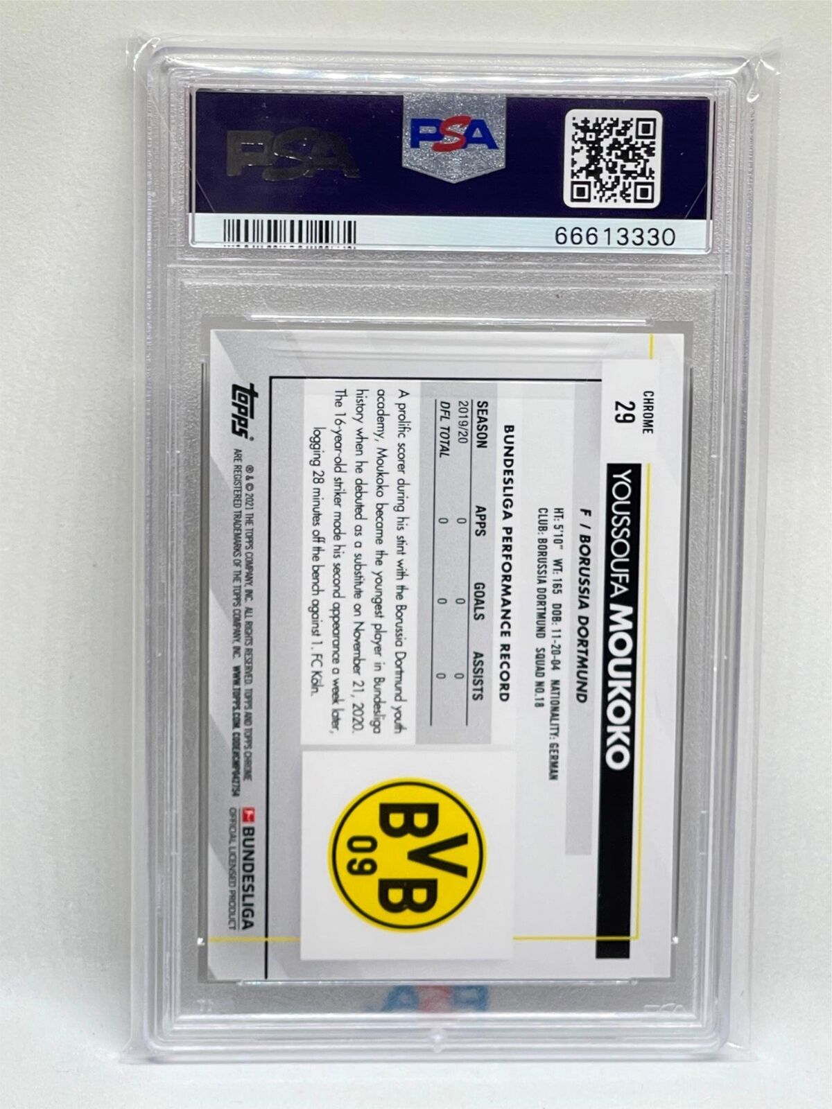 YOUSSOUFA MOUKOKO 2020-21 TOPPS CHROME BUNDESLIGA #29 ROOKIE RC PSA 9 MINT