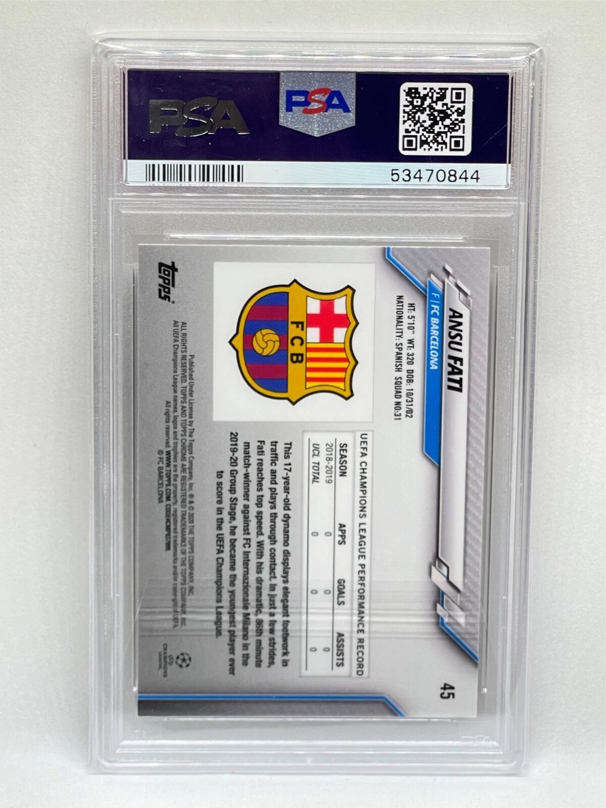 ANSU FATI 2019 TOPPS CHROME UEFA CHAMPIONS LEAGUE #45 ROOKIE RC PSA 9 MINT