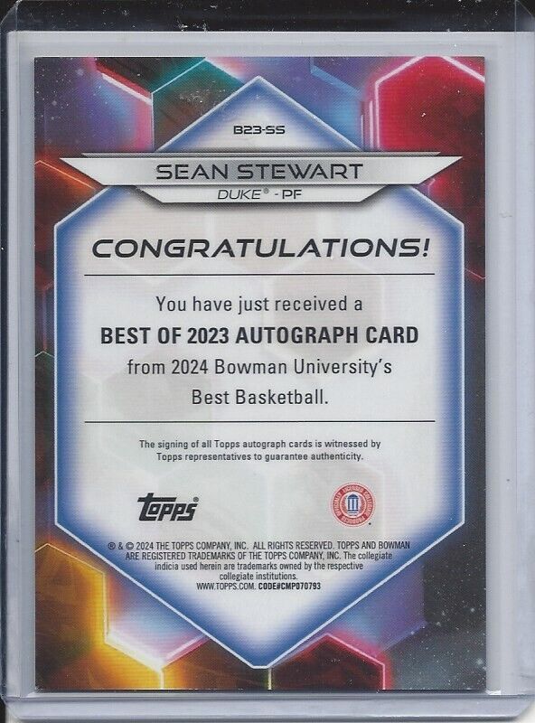 SEAN STEWART 2023 BOWMAN'S BEST UNIVERSITY GOLD REFRACTOR AUTO #D 39/50