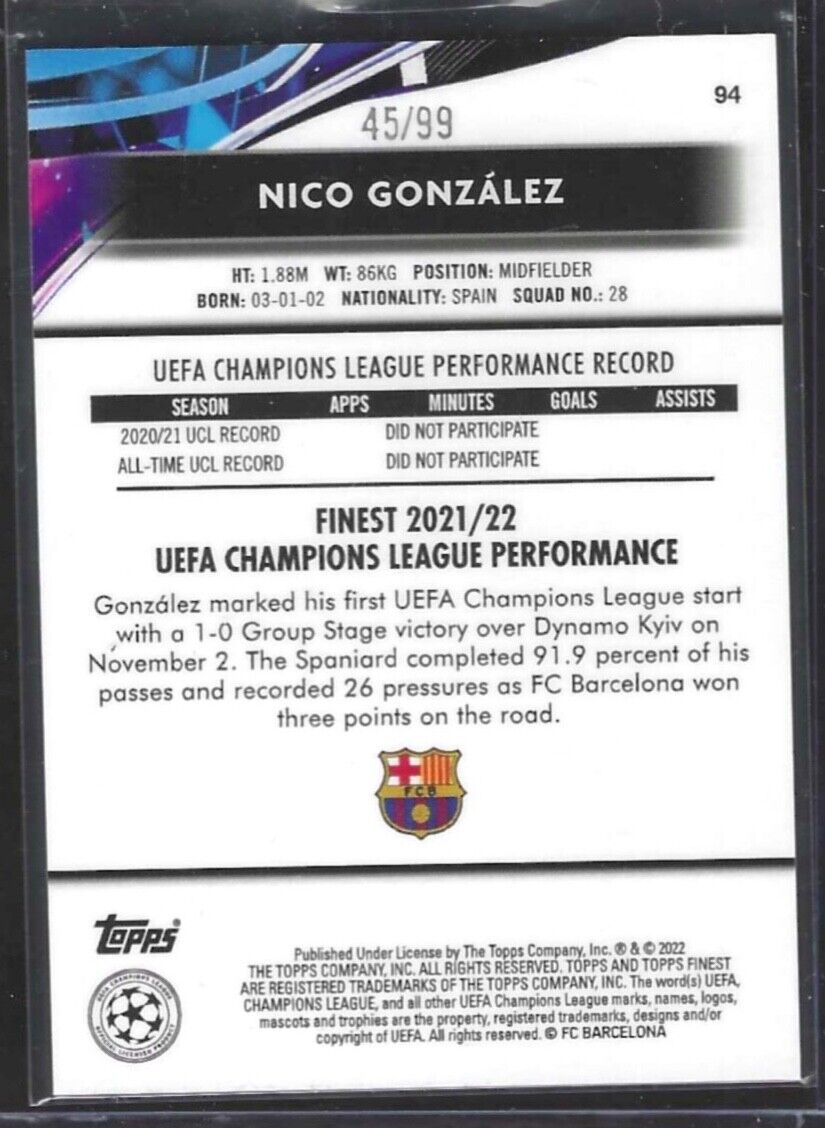 NICO GONZALEZ 2021-22 TOPPS FINEST GREEN REFRACTOR ROOKIE RC #D 45/99