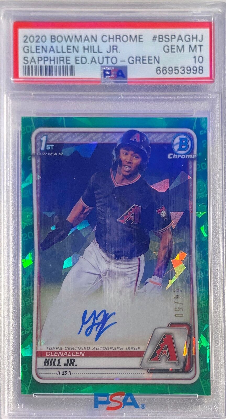 GLENALLEN HILL JR 2020 BOWMAN CHROME 1ST SAPPHIRE GREEN AUTO RC /50 PSA 10 POP 7