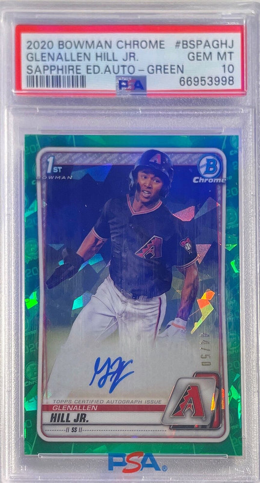 GLENALLEN HILL JR 2020 BOWMAN CHROME 1ST SAPPHIRE GREEN AUTO RC /50 PSA 10 POP 7