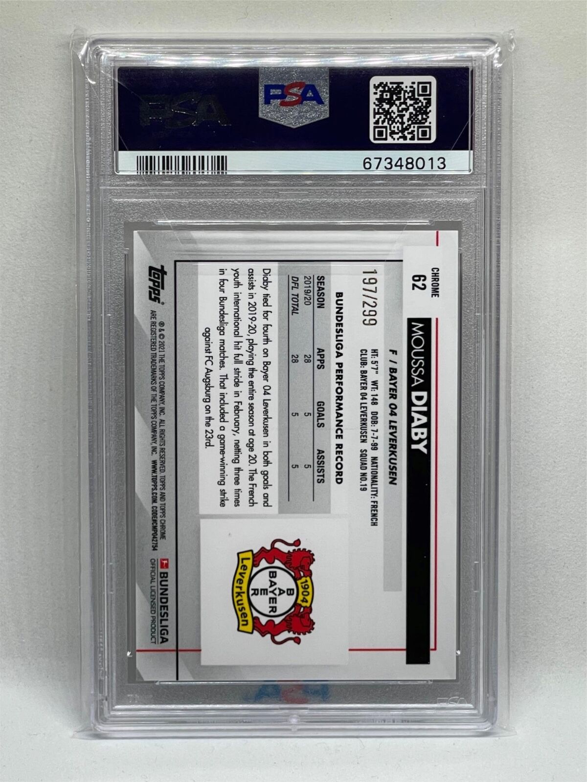 MOUSSA DIABY 2020 TOPPS CHROME BUNDESLIGA PURPLE REFRACTOR RC /299 PSA 10 POP 13