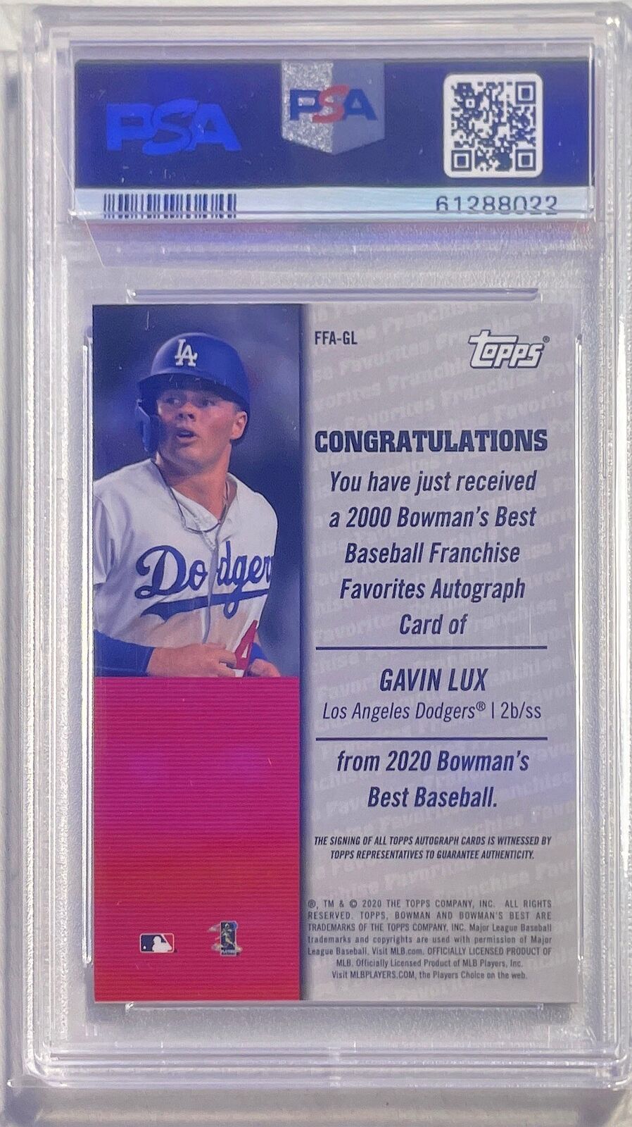 GAVIN LUX 2020 BOWMAN'S BEST FRANCHISE ATOMIC REFRACTOR AUTO #D /25 PSA 10 POP 3