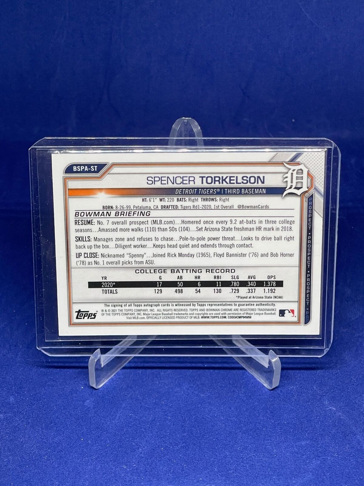 SPENCER TORKELSON 2021 BOWMAN CHROME BLUE SAPPHIRE REFRACTOR AUTO PROSPECT
