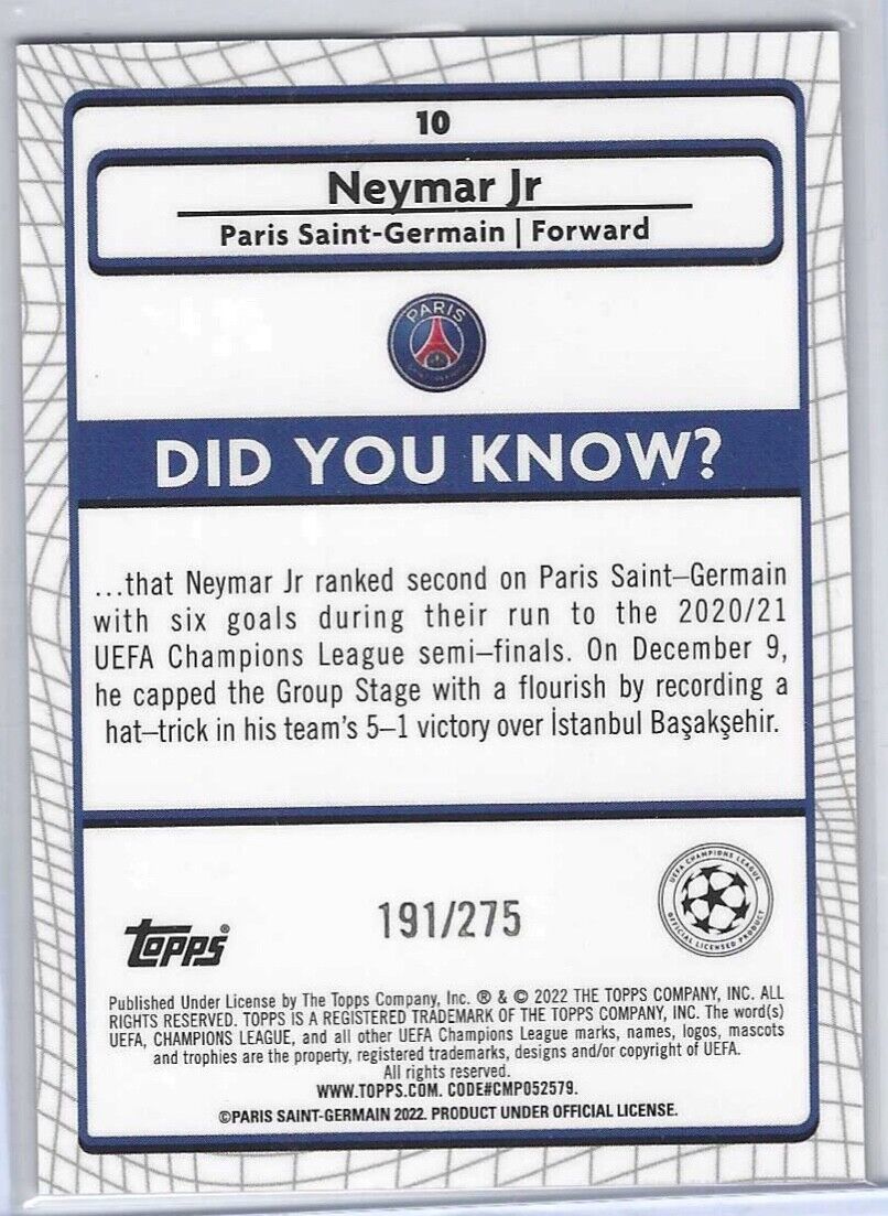 NEYMAR JR 2021-22 TOPPS MERLIN PINK MOJO REFRACTOR  #D 191/275