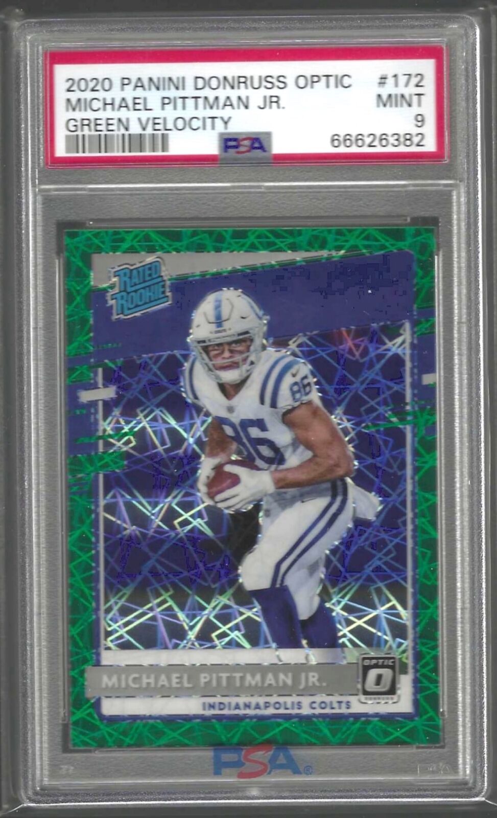 MICHAEL PITTMAN JR 2020 PANINI DONRUSS OPTIC GREEN VELOCITY RC #172 PSA 9 POP 4