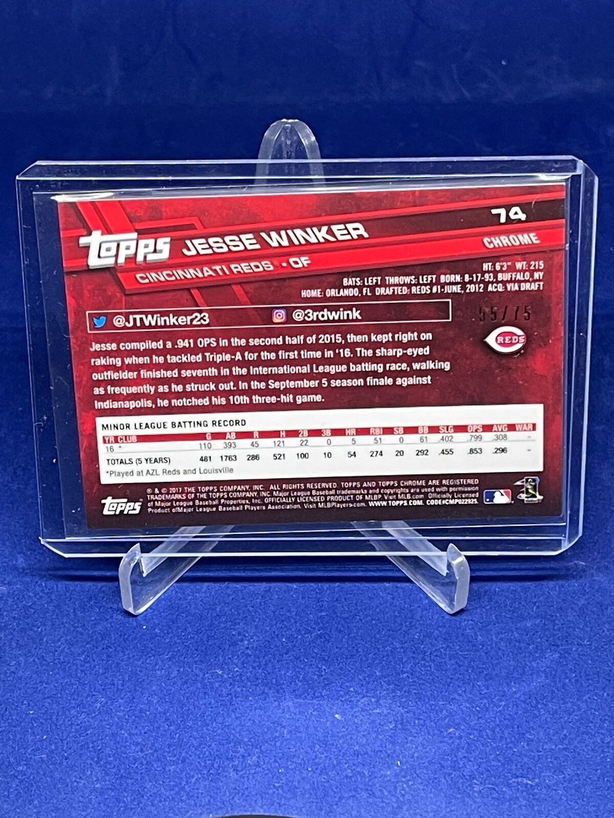 JESSE WINKER 2017 TOPPS CHROME BLUE WAVE REFRACTOR ROOKIE RC #D 55/75