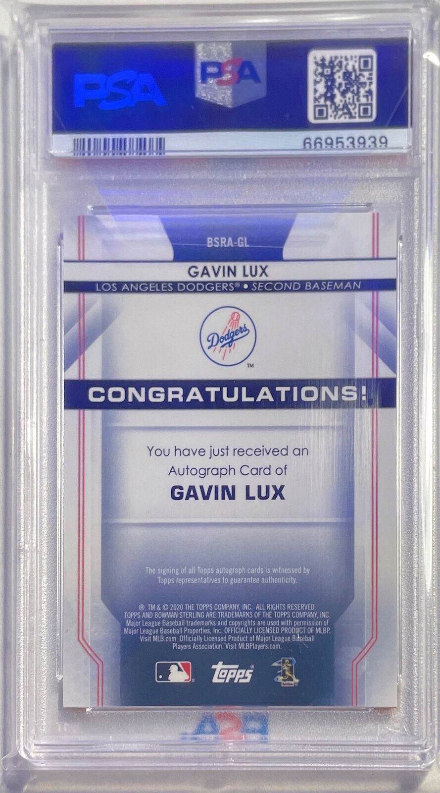GAVIN LUX 2020 BOWMAN STERLING ORANGE REFRACTOR AUTO RC #D 38/75 PSA 10 POP 4