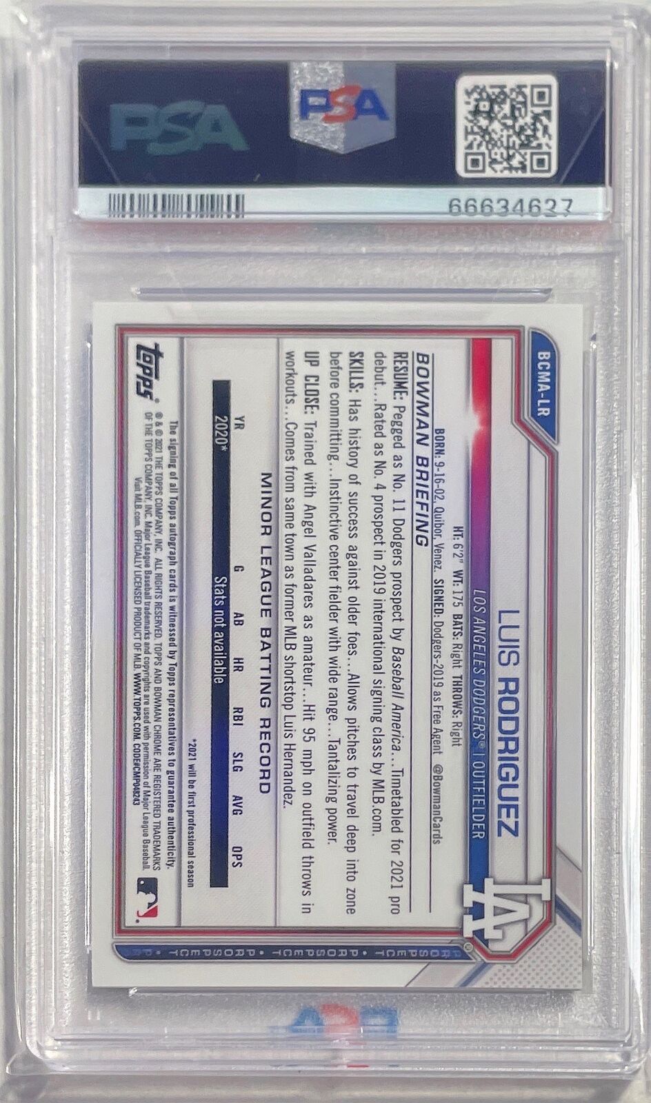 LUIS RODRIGUEZ 2021 BOWMAN CHROME MEGA BOX REFRACTOR AUTO #LR PSA 10 GEM POP 92