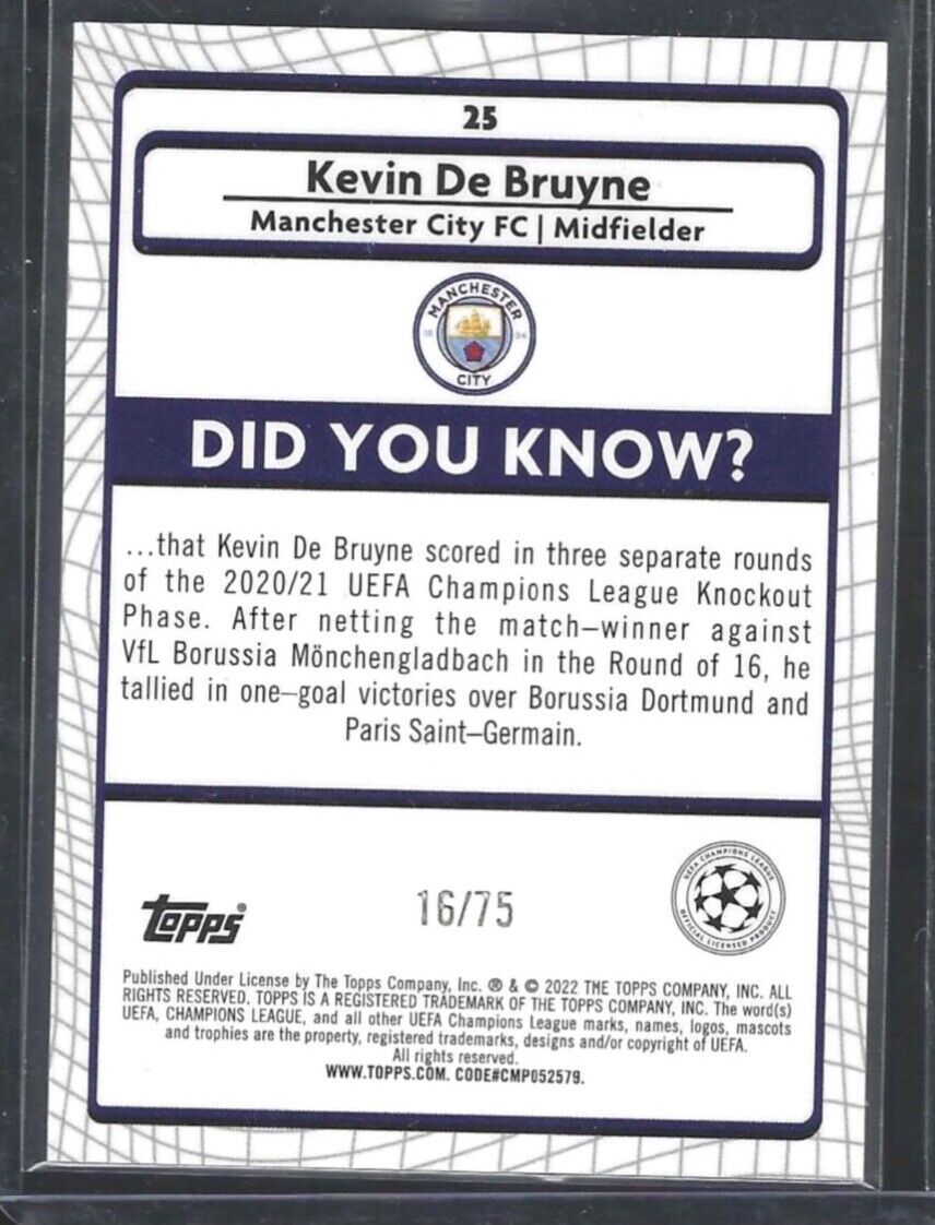 KEVIN DE BRUYNE 2021-22 TOPPS MERLIN BLUE SHIMMER REFRACTOR #D 16/75