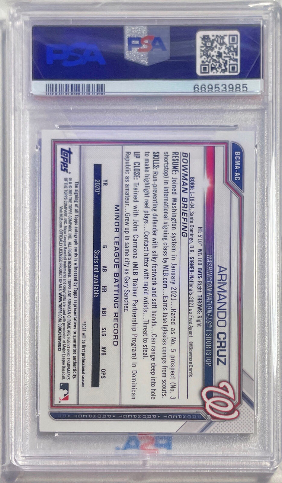 ARMANDO CRUZ 2021 BOWMAN CHROME MEGA BOX REFRACTOR AUTO #AC PSA 10 GEM POP 20