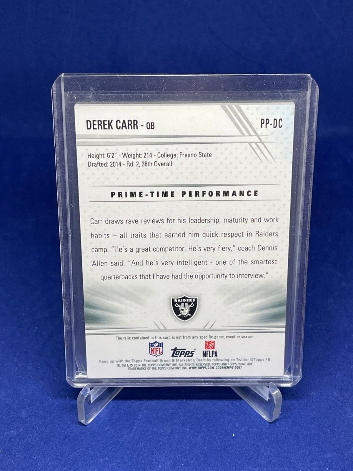 DEREK CARR 2014 TOPPS PRIME ROOKIE PATCH RC