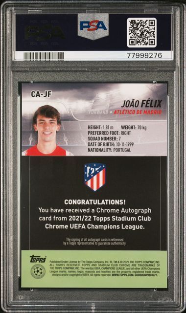 JOAO FELIX 20211-22 TOPPS STADIUM CHROME CLUB UCL REFRACTOR AUTO PSA 10 GEM MINT