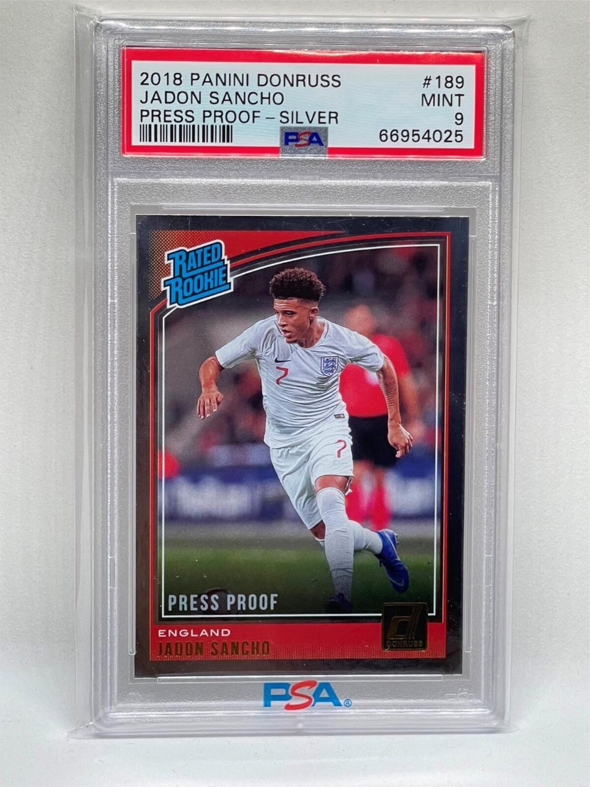 JADON SANCHO 2018 PANINI DONRUSS RATED ROOKIE PRESS PROOF SILVER #189 RC PSA 9