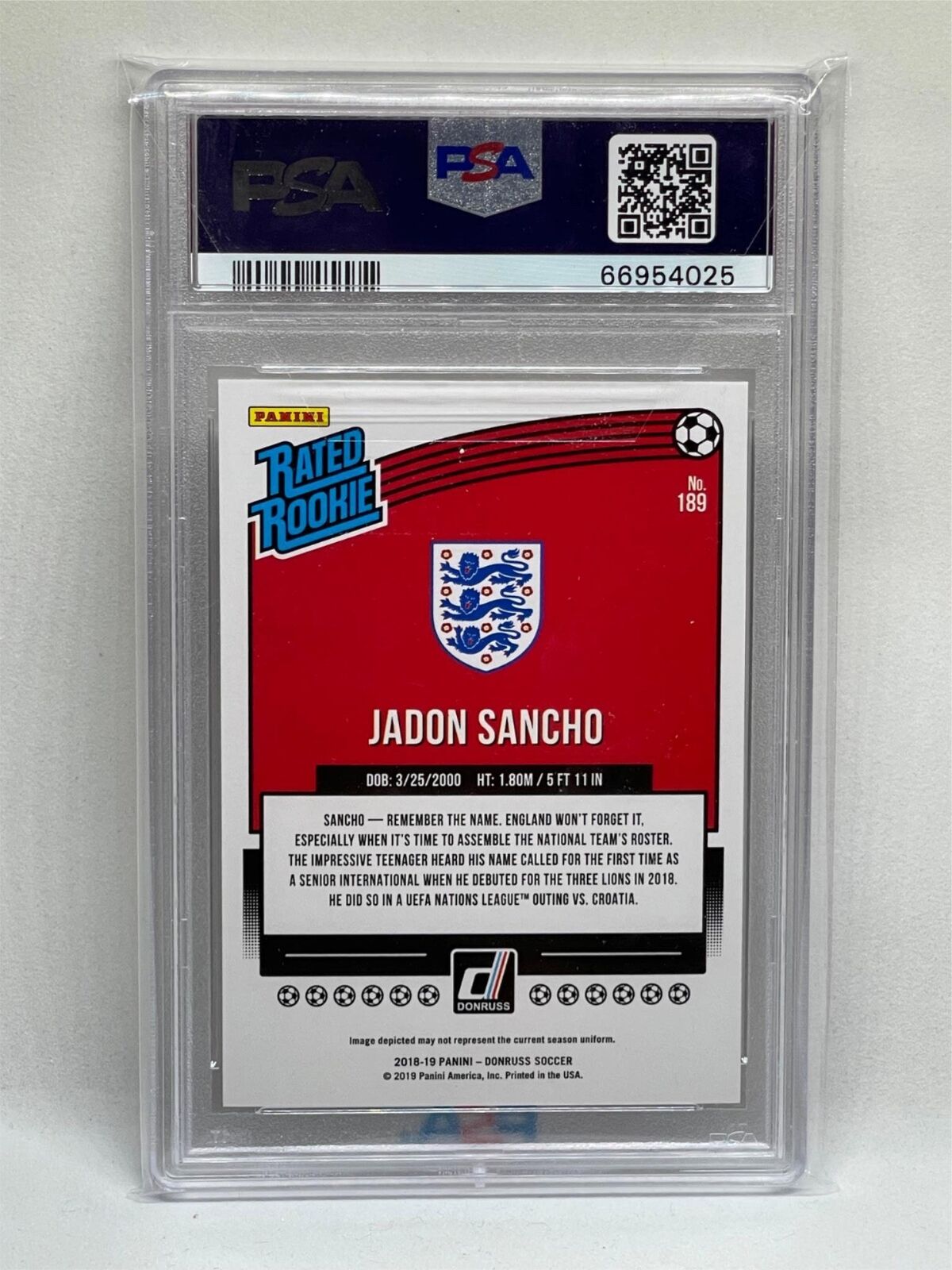 JADON SANCHO 2018 PANINI DONRUSS RATED ROOKIE PRESS PROOF SILVER #189 RC PSA 9