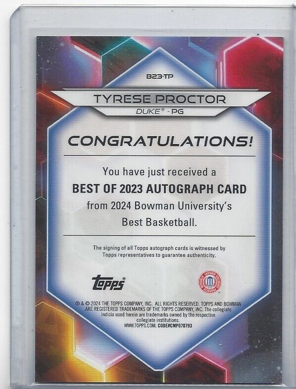 TYRESE PROCTOR 2023 BOWMAN'S BEST UNIVERSITY GOLD REFRACTOR AUTO #D /50