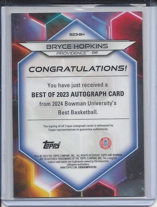 BRYCE HOPKINS 2023 BOWMAN'S BEST UNIVERSITY ORANGE GEOMETRIC REFRACTOR AUTO /25
