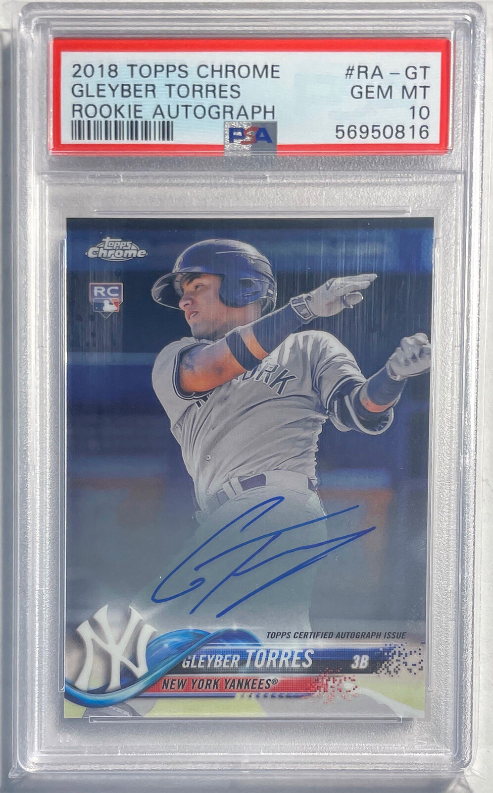 GLEYBER TORRES 2018 TOPPS CHROME ROOKIE ON CARD AUTO RC #RA-GT PSA 10 GEM MINT