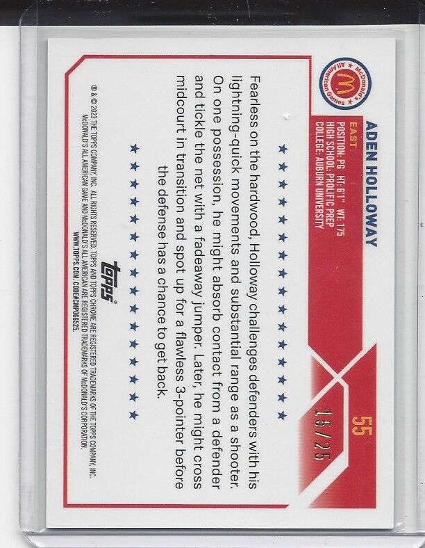 ADEN HOLLOWAY 2023 TOPPS CHROME MCDONALDS ALL AMERICAN ORANGE REFRACTOR #D 15/25