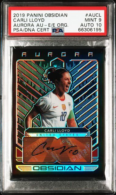 CARLI LLOYD 2019-20 PANINI OBSIDIAN AURORA ORANGE AUTO #D 45/50 PSA 9 MINT POP 2