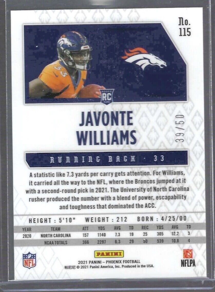 JAVONTE WILLIAMS 2021 PANINI PHOENIX FIRE & ICE LAZER PRIZM ROOKIE RC #D 39/50