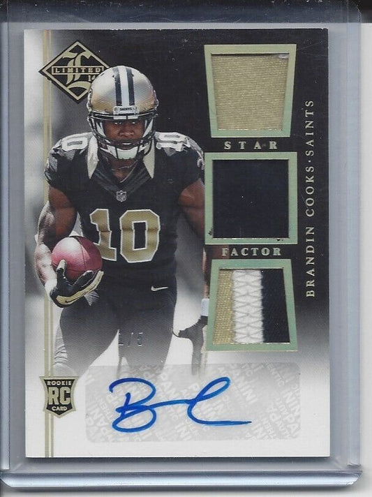 BRANDIN COOKS 2014 PANINI LIMITED STAR FACTOR TRIPLE PATCH AUTO PLATINUM RC 1/5
