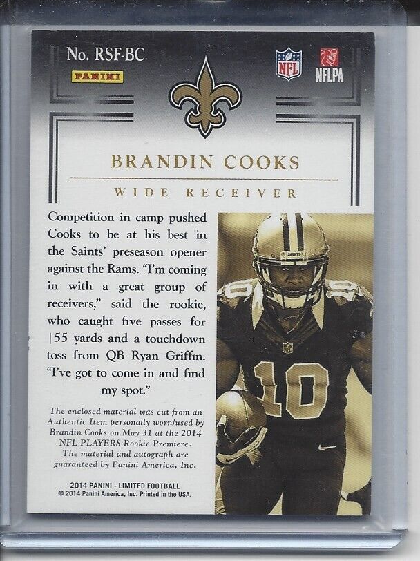 BRANDIN COOKS 2014 PANINI LIMITED STAR FACTOR TRIPLE PATCH AUTO PLATINUM RC 1/5