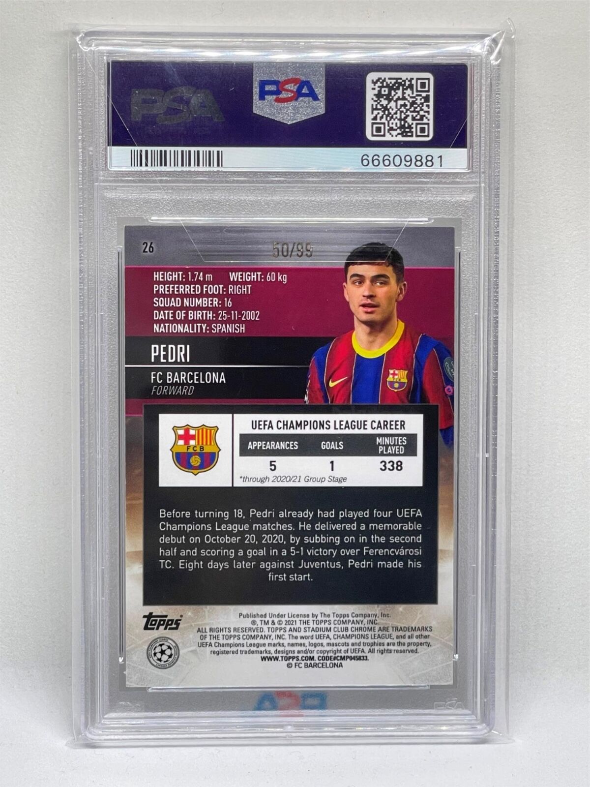 PEDRI 2020-21 STADIUM CLUB CHROME UCL GREEN REFRACTOR RC #D 50/99 PSA 9 POP 5