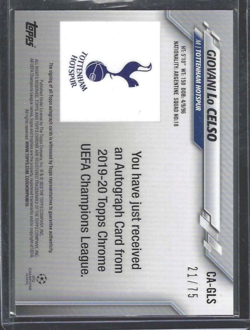 GIOVANI LO CELSO 2019-20 TOPPS CHROME UEFA BLUE WAVE REFRACTOR AUTO #D 21/75